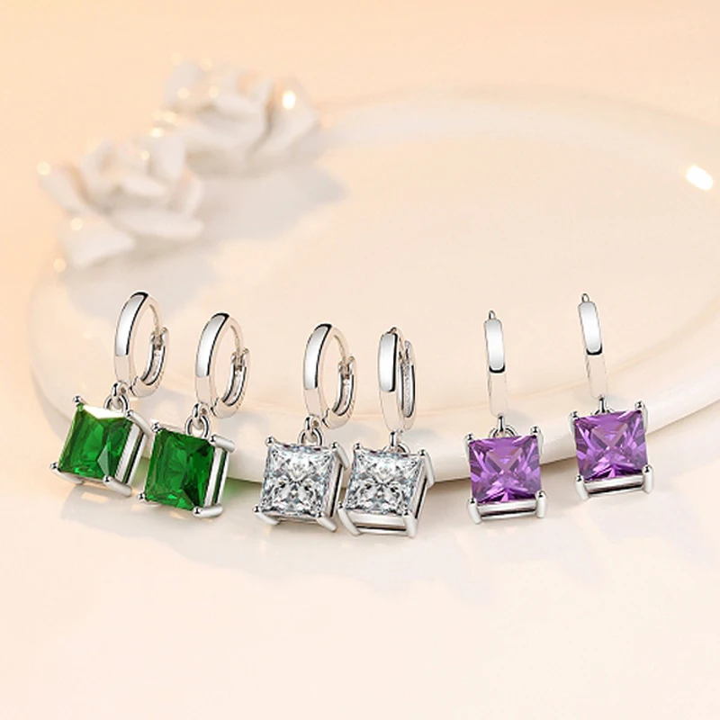 HuiSept Fashion Silver 925 Earrings Jewelry Square Shape Emearld Amethyst Gemstone Drop Earrings for Women Wedding Gift Ornament