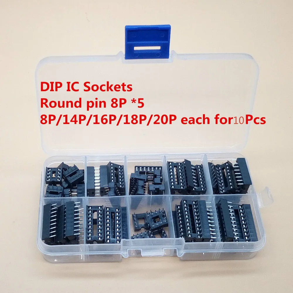 

55PCS/Lot DIP IC Sockets Adaptor Solder Type Socket Kit 6,8,14,16,18,20 pins Round Pin 8P