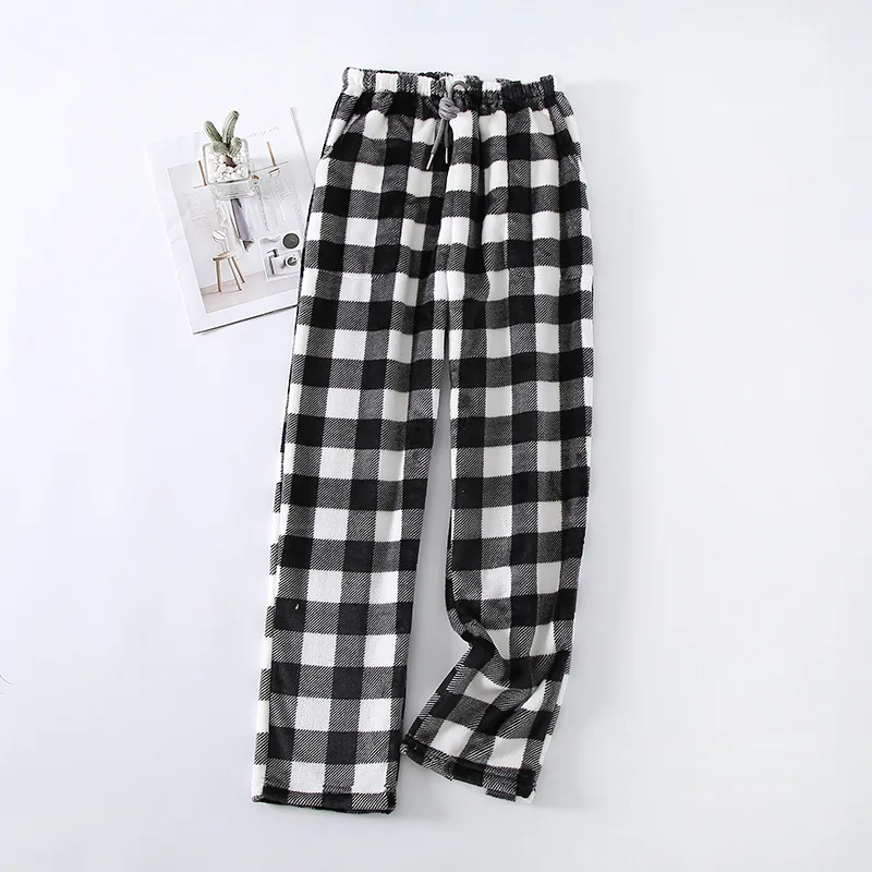 Fdfklak Fashion Plaid Flannel Sleep Bottoms Casual Loose Coral Fleece Warm Sleepwear Home Wear Pajamas Pant For Women Trousers