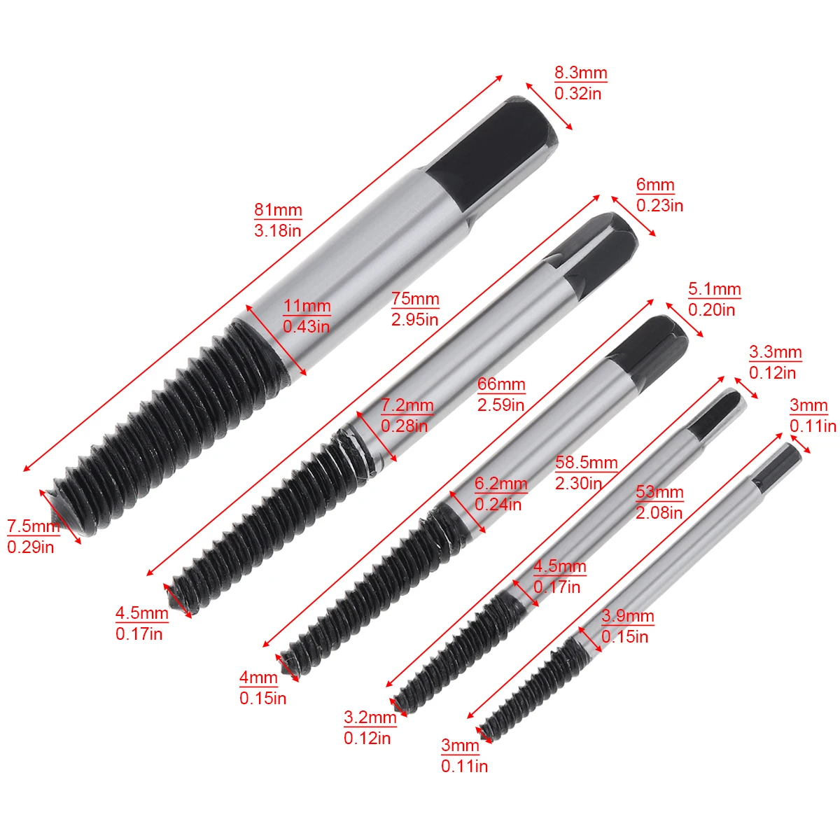 5pcs/lot High Carbon Steel Damaged Screw Extractor Easy Out Set Drill Bits Broken Bolt Stud Remover Tools with Plastic Box