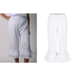 Women Retro Vintage Elastic Waist Ruffles Hem Pantaloons Bloomers Victorian Era Costume Women Loose Solid Flare Pants Casual