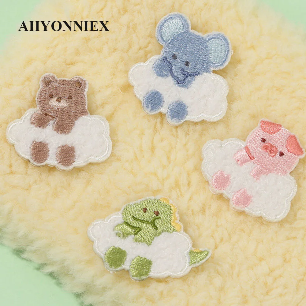 AHYONNIEX Furry Cloud Bear Elephant Embroidery Patches for Bag Jeans Iron On Patches Dinosaur for Clothes Small DIY Patch Cute