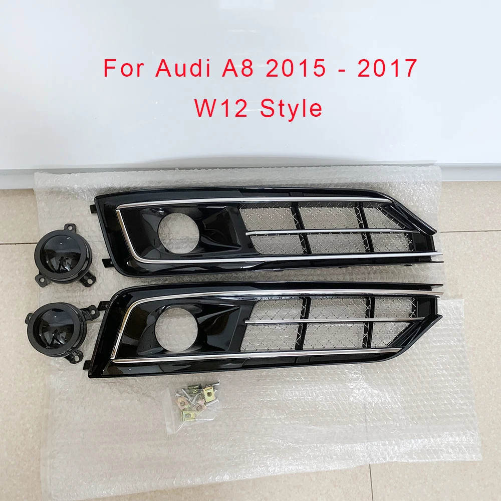 2 PCS Left & Right Car Front Bumper Hole Grills Fog Lamp Grills Chrome Line With ACC Fits For Audi A8 2015 2016 2017 W12 Style