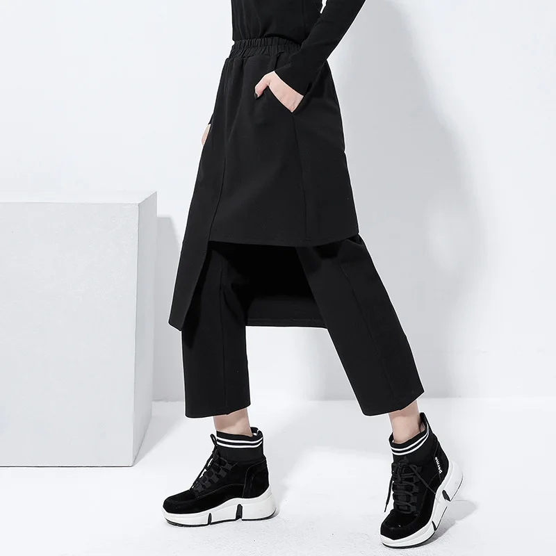 Elastic Waist Black False Two Split Joint Trousers New Loose Fit Pants Women Fashion Tide Spring Autumn 2020 Irregular Boot Pant