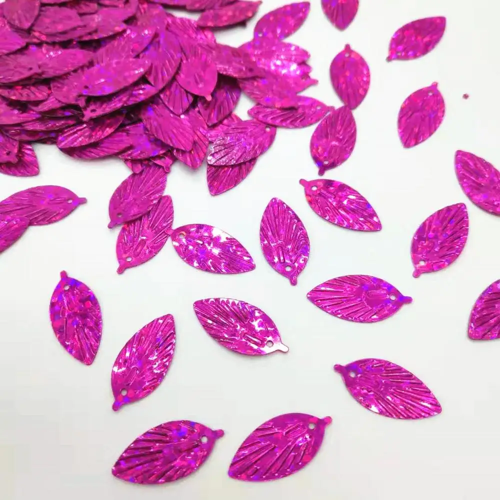 50g/lot Laser Rose Red Leaf Sequins 9*18mm PVC Flat Paillette Hologram Sewing Cute Small Hot Pink Leaves