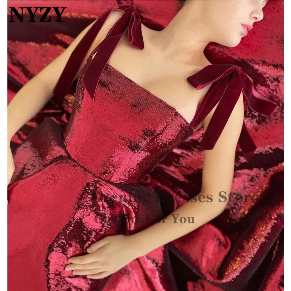 P130 Nyzy Vintage Baljurk Bourgondië Avondjurken 2021 Thee Lengte Sequin Party Cocktail Dress Prom Gown Robe De Soiree