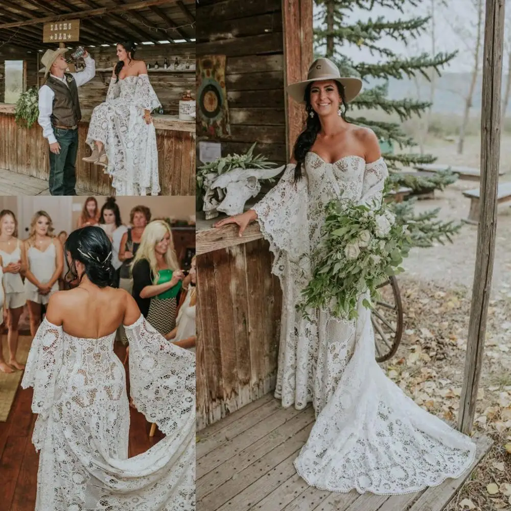 Epic Kanadischen Land Bauernhof Hochzeit Kleider 2021 Vintage Häkeln Spitze Hippie Bohemian Glocke Langarm Braut Kleider Robe de mariee