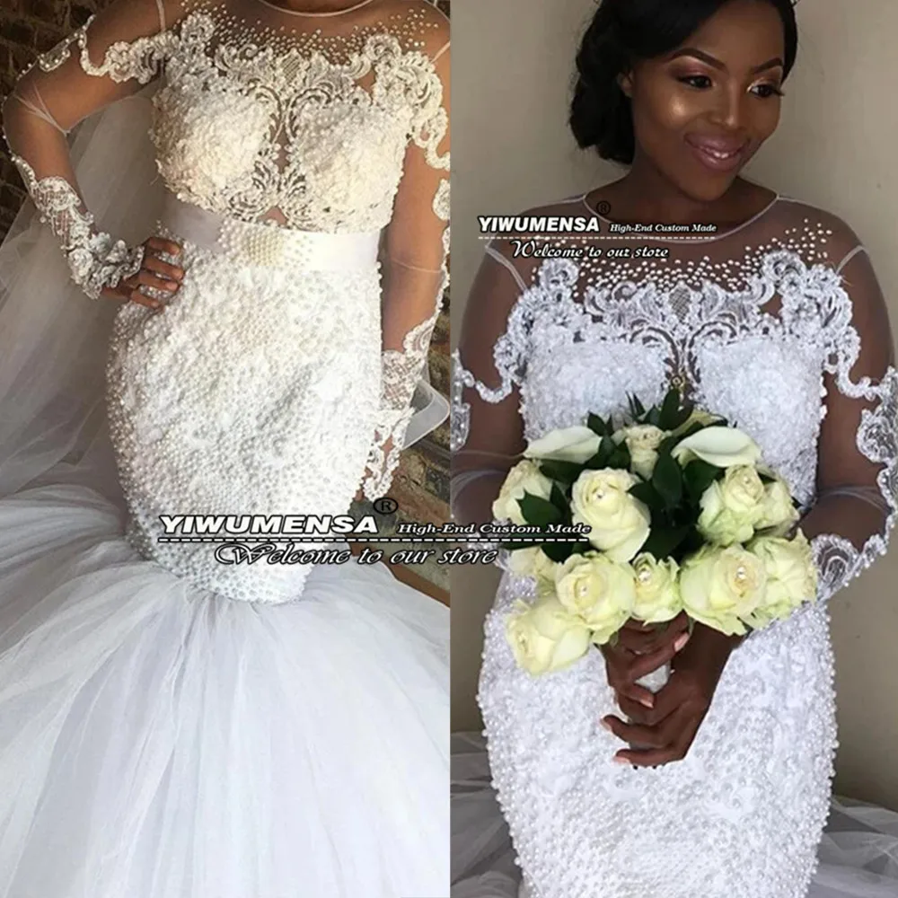 Abito da sposa a sirena bianco africano arabo Cyrstals perle Appliques maniche lunghe O collo abito da sposa in Tulle Plus Size Robe Mariee