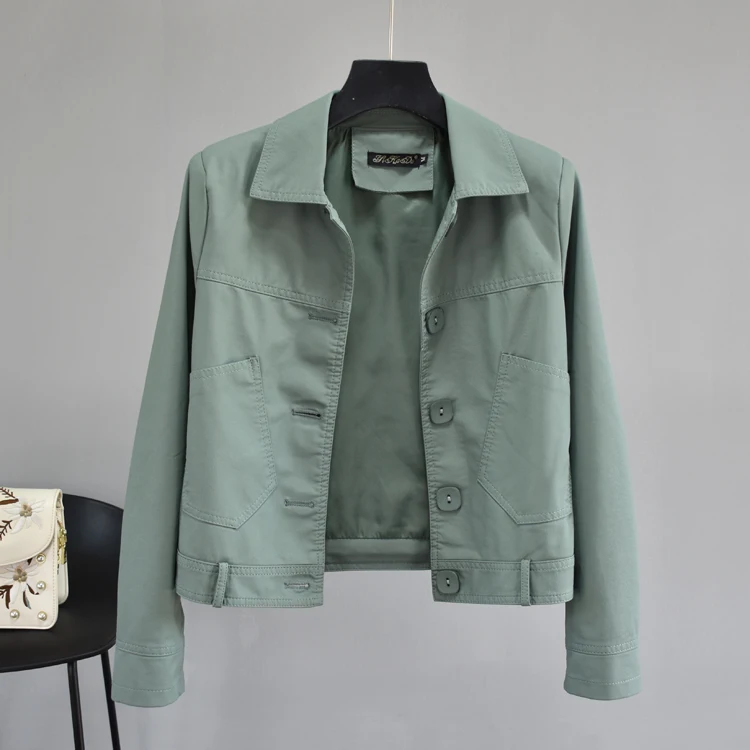 

Spring Faux Autumn Women Jacket Short Green Pu Leather Coat Slim 2023 Abrigo Mujer Pph552