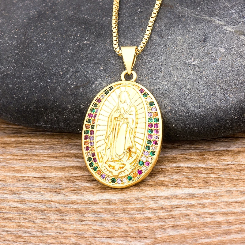 High Quality Copper Zircon Virgin Mary Pendant Charms For Women Rainbow Our Lady of Guadalupe Necklaces Jewelry Best Party Gift