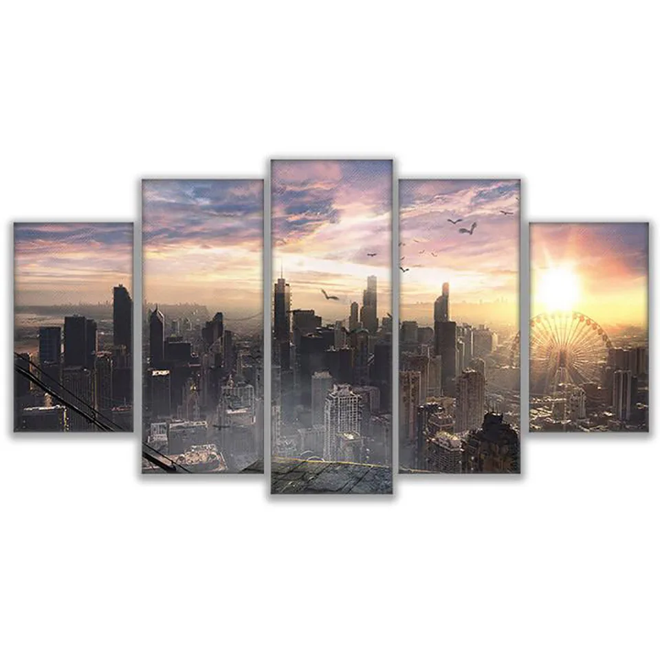 5 Panel Chicago Cityscape View Landscape Pictures Posters Wall Art Home Decor Canvas HD Prints Paintings Living Room Decoration