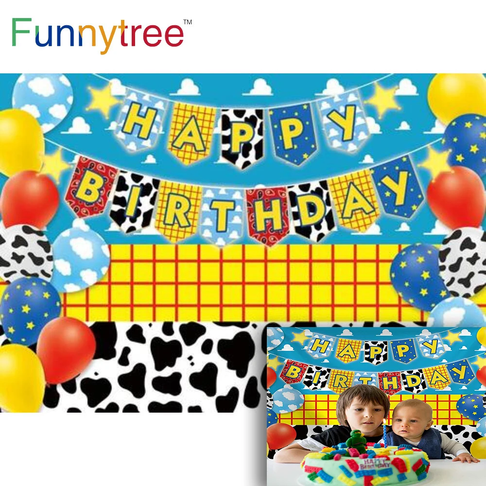 

Funnytree Blue Sky Birthday Party Background Cowboy Baby Shower Cartoon Children Colourful Banner Celebration Photocall Backdrop