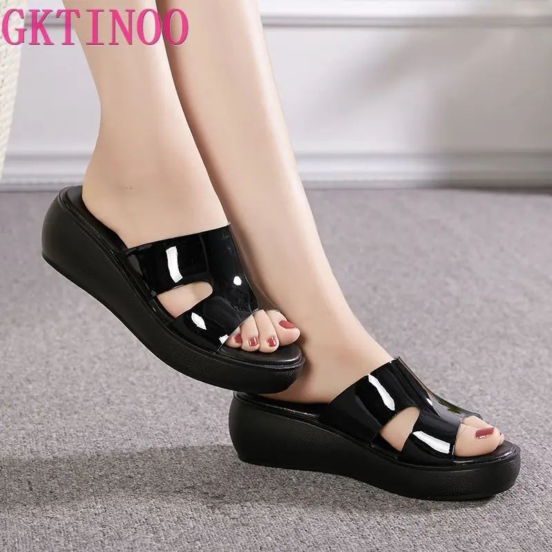 GKTINOO 2024 Fashion High Heel Slippers Women Summer Shoes Genuine Leather Platform Sandals Ladies Wedges Sandals Flip Flops