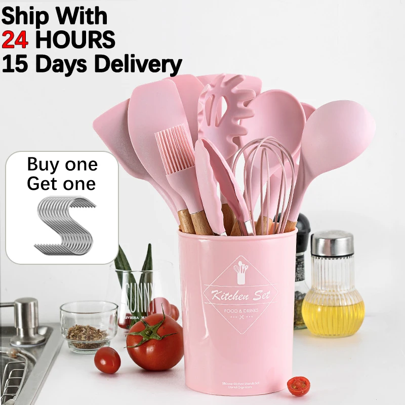 Pink Cooking Kitchenware Tool Silicone Utensils With Wooden Multifunction Handle Non-Stick Spatula Ladle Egg Beaters Shovel Set