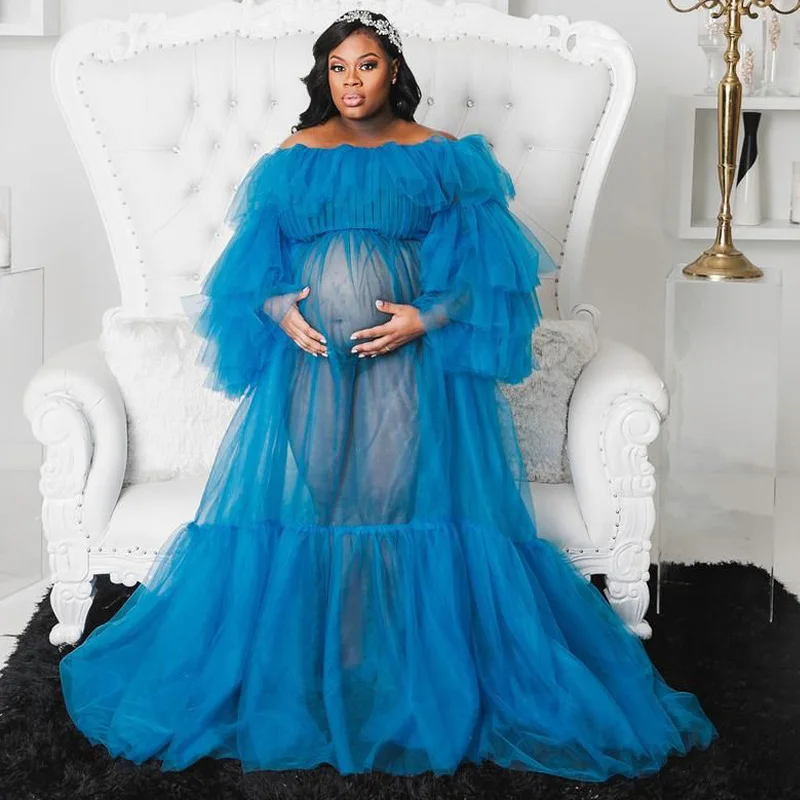 Illusion Tulle Maternity Dress For Photography Fancy Blue Tiered Ruffles Ladies Sleepwear Gowns For Shooting Cheap