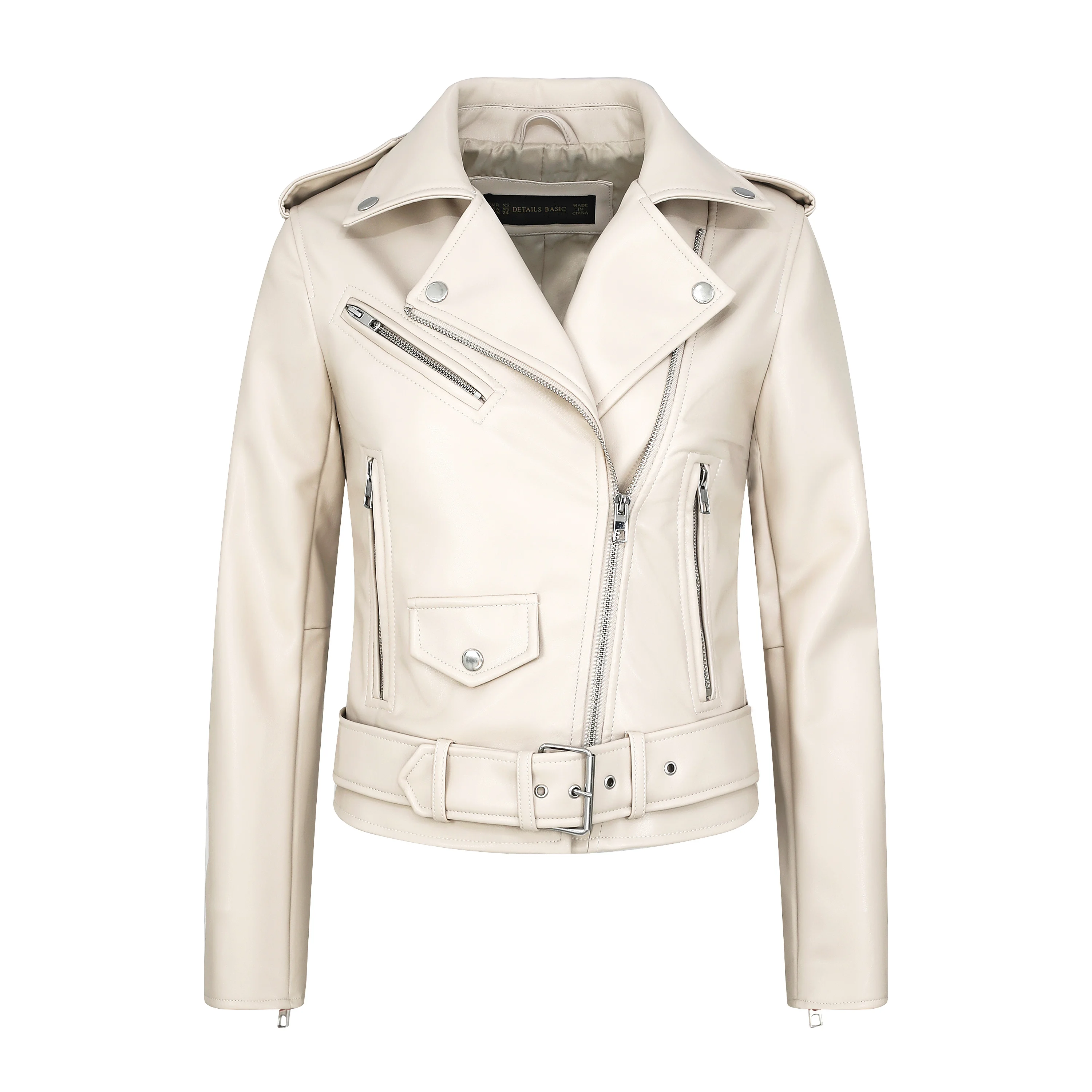 New Spring Autumn Winter Women Beige Color Fashion Motor Biker Jacket Pink Khaki Black Leather Jacket Woman