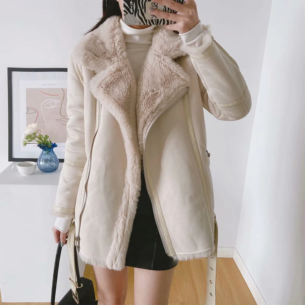 Women Fashion Thick Warm Winter Double-sided Fur Jacket Faux Leather Coat Vintage Long Sleeve Female Outerwear & Coats Chic Tops