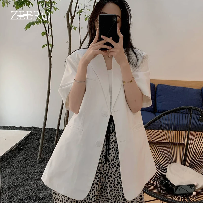 Korean Women Single-breasted Short Sleeve Lapel Blazer Spring Autumn Female Casual Loose All-match White Thin Section Suits Coat