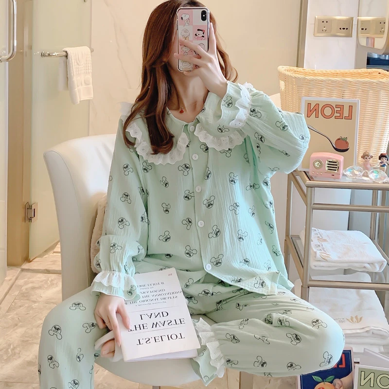 Pajamas set fresh autumn new month clothes long-sleeved double-layer cotton pregnant women sleepwear gauze 2PCs kimono robe