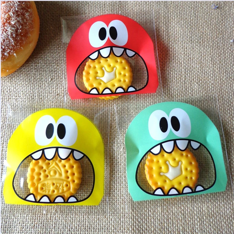 100Pcs Cute Big Teech Mouth Monster Plastic Bag Wedding Birthday Cookie Candy Gift Packaging Bags OPP Self Adhesive Party Favors