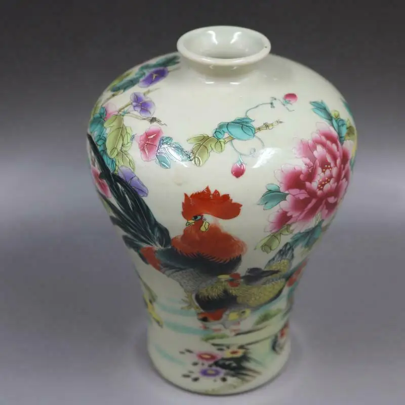 Chinese Famille Rose Porcelain Qing Tongzhi Rooster Cock Pattern Vase 6.3 inch