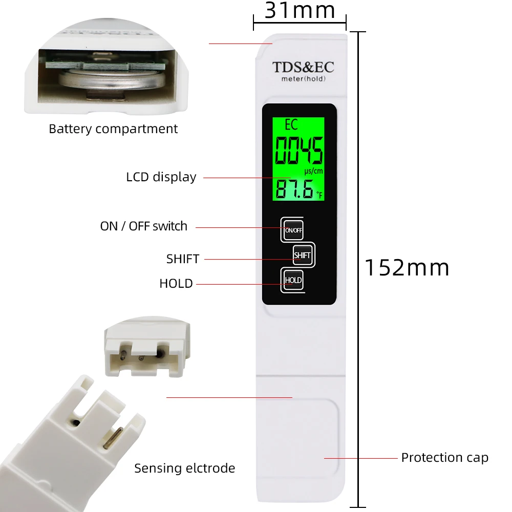 TDS&EC Tester 3 In1 TDS/Temp/EC Meter  0-9990ppm Conductivity Detector Water Quality Monitor Purity Measure Tool for Pool 40%OFF