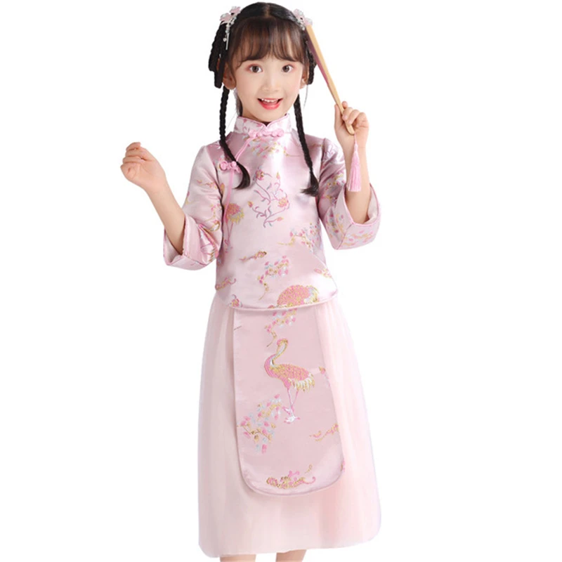 

Girls cheongsam thick fairy crane pattern Hanfu winter suit cute pink girl Tang suit Chinese costume cheongsam dress