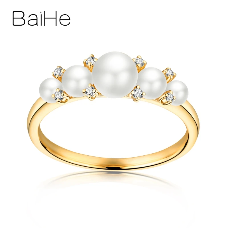 BAIHE Solid 18K Yellow Gold 3-5mm Natural Freshwater Pearl Diamond Embellished Ring Women Trendy Delicate Elegant Anillo Perlas