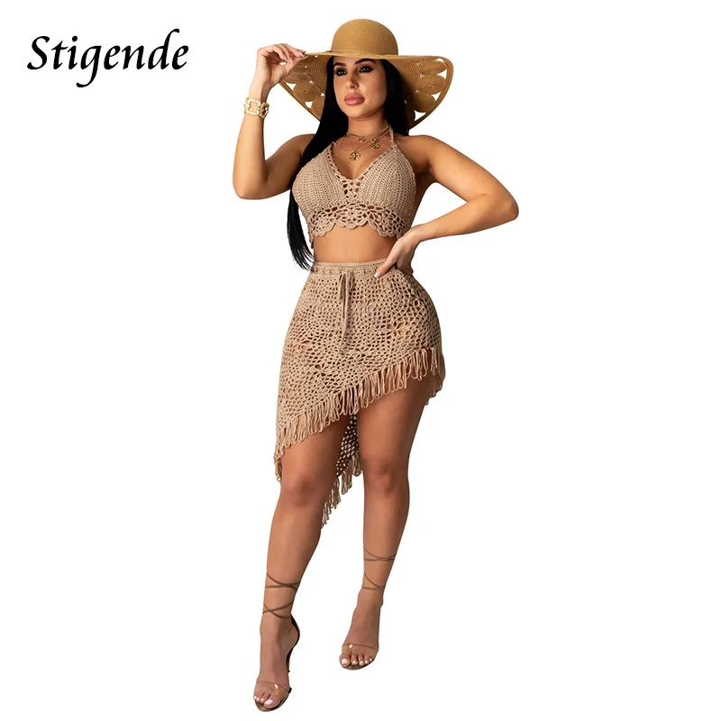 Stigende Damska nieregularna dwuczęściowa spódnica Cover Up Summer Beach 2-częściowy dzianinowy zestaw kąpielowy Sexy Bandage Hollow Out Crochet