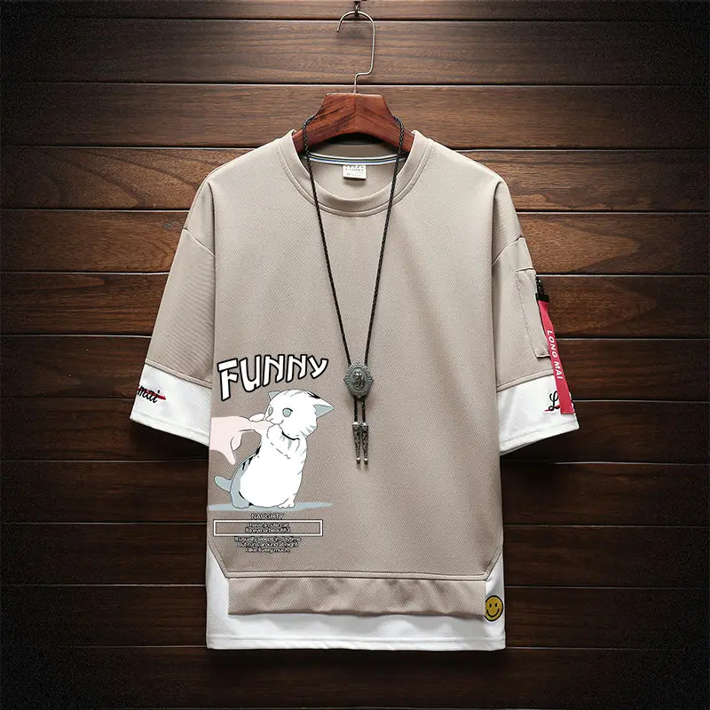 Japanese Harajuku Funny Cat Print T-shirts Men Short Sleeve T-shirts Tops Tees Men Streetwear