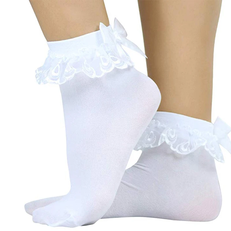 Comeondear White Ankle Socks With Bow Cotton Lace Ruffle Princess Socks Women Cotton Short Socks H21001