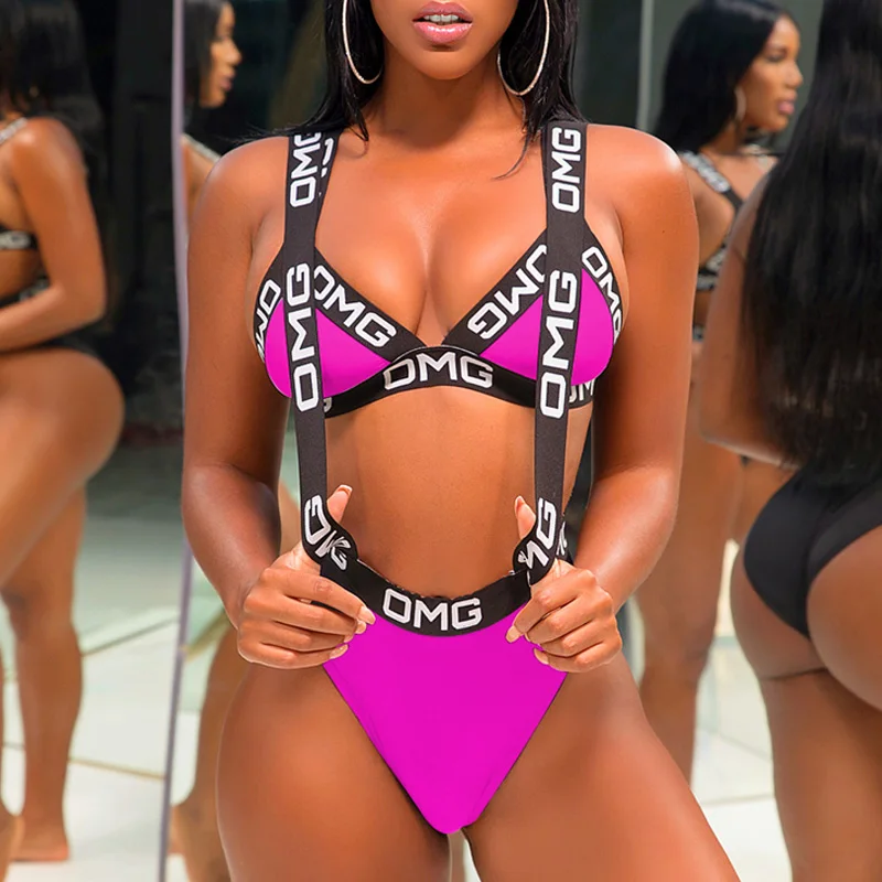 Conjunto de biquíni sexy estampado com letra para mulheres, roupa de banho halter push up, maiô oco bandagem, biquíni brasileiro, roupa de banho, 2022