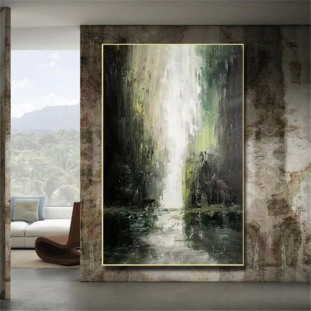 

Nordic Home Decor Wall Paintings 100% Hand-Painted Oil Painting Abstract Waterfall Mountain Stream Green Canvas Wall Art Picture