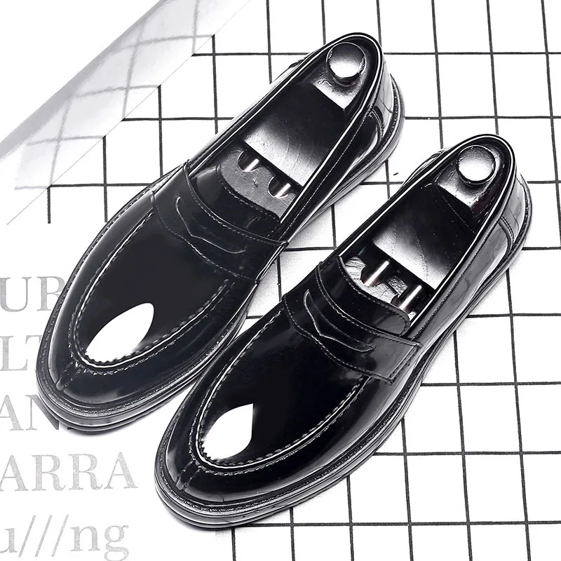 Korean designer mens fashion business office formal dress patent leather shoes black oxfords loafers slip-on lazy shoe platform