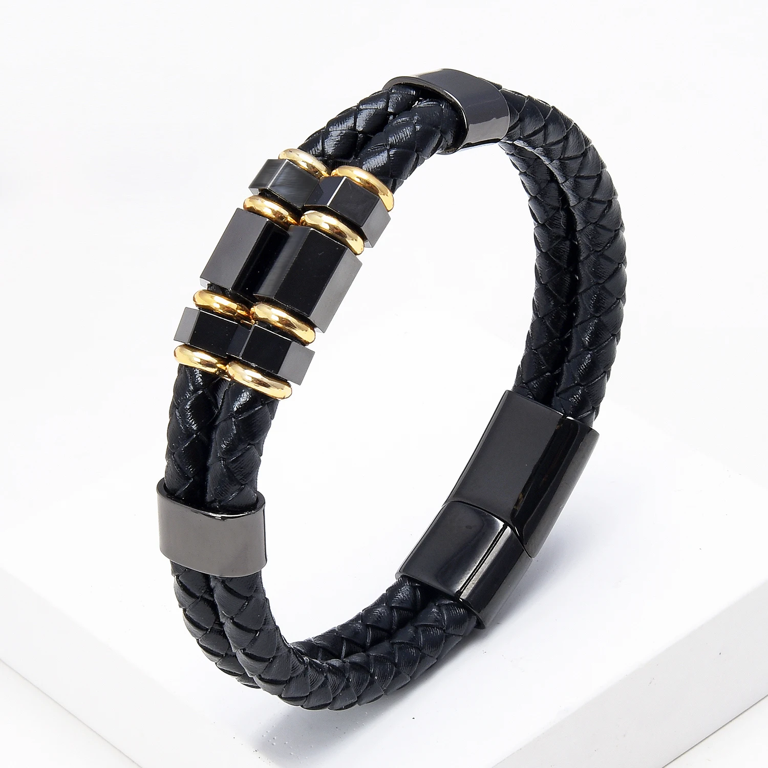 Gioielli moda uomo multistrato bracciali in vera pelle braccialetti geometrici in acciaio inossidabile braccialetto con ciondoli regali da uomo