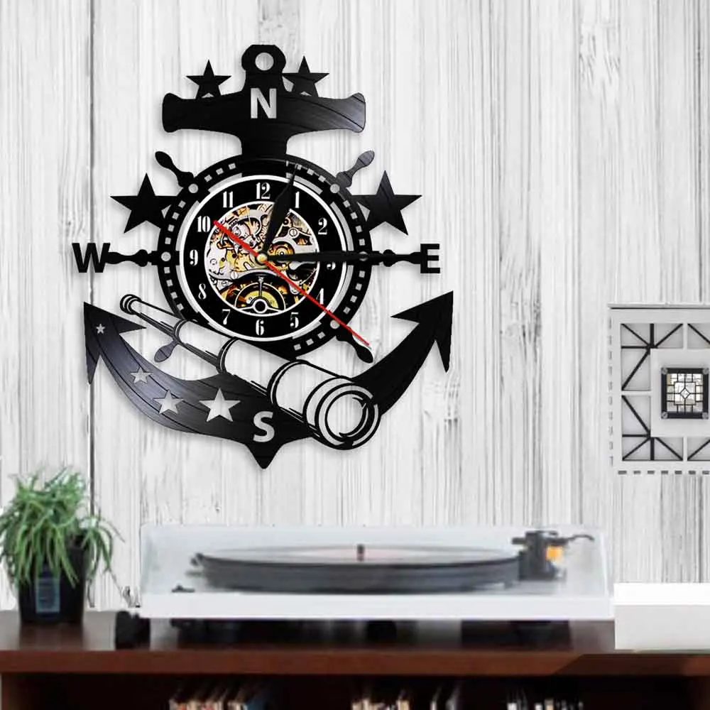 Marine Nautical Ship Steering Wheel Wall Clock Vintage Vinyl Record Wall Clock Watches Anchor Wall Decor For Living Room Bedroom