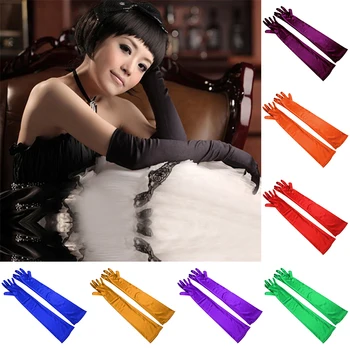 Klasik yetişkin siyah beyaz kırmızı gri cilt Opera/dirsek/bilek streç saten parmak uzun eldiven kadın sineklik eldiven eşleştirme kostüm