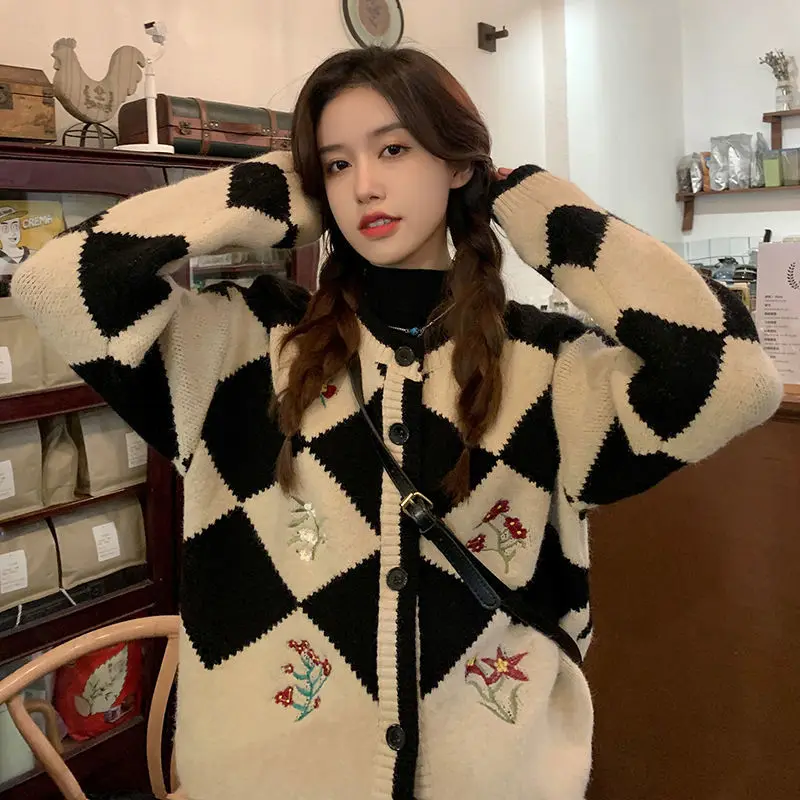 Sweater Cardigan Women Argyle Design Students Sweet Soft Retro Embroidery Fashion Loose Korean Style Autumn Christmas Casual Ins