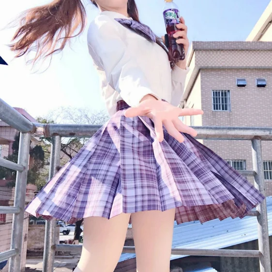 [Grape soda] Purple Plaid Skirts JK School Uniform Japanese Girls Summer High Waist Pleated Skirts Women Dress For Students Girl