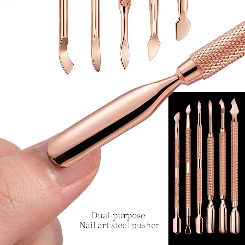 New Stainless Steel Rose Gold Double-headed Steel Pusher Dead Skin Scissors Polish Gel Remover Manicure Pedicure Nail Care Tools