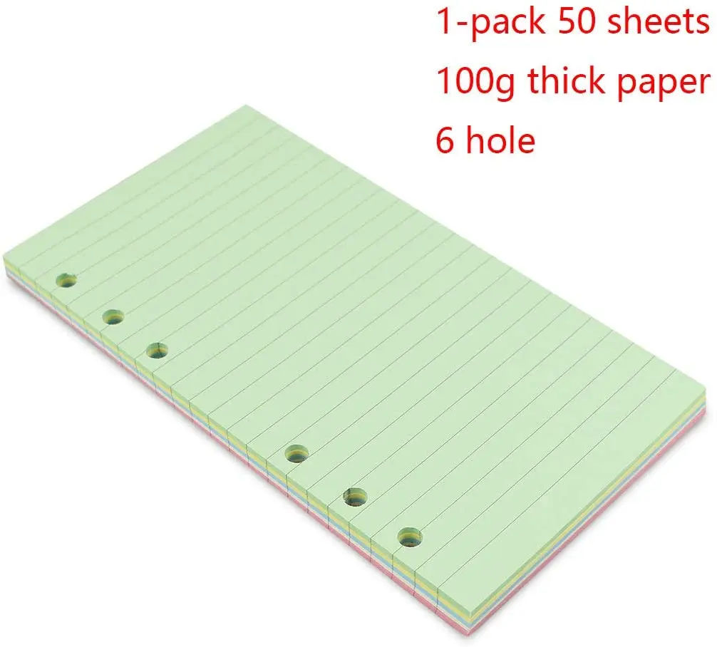 A6 Colorful 6-Hole Refills Inserts, 5-Color Loose Leaf Planner Filler Paper for Personal Organizer Binder, 50 Sheets/100 Pages