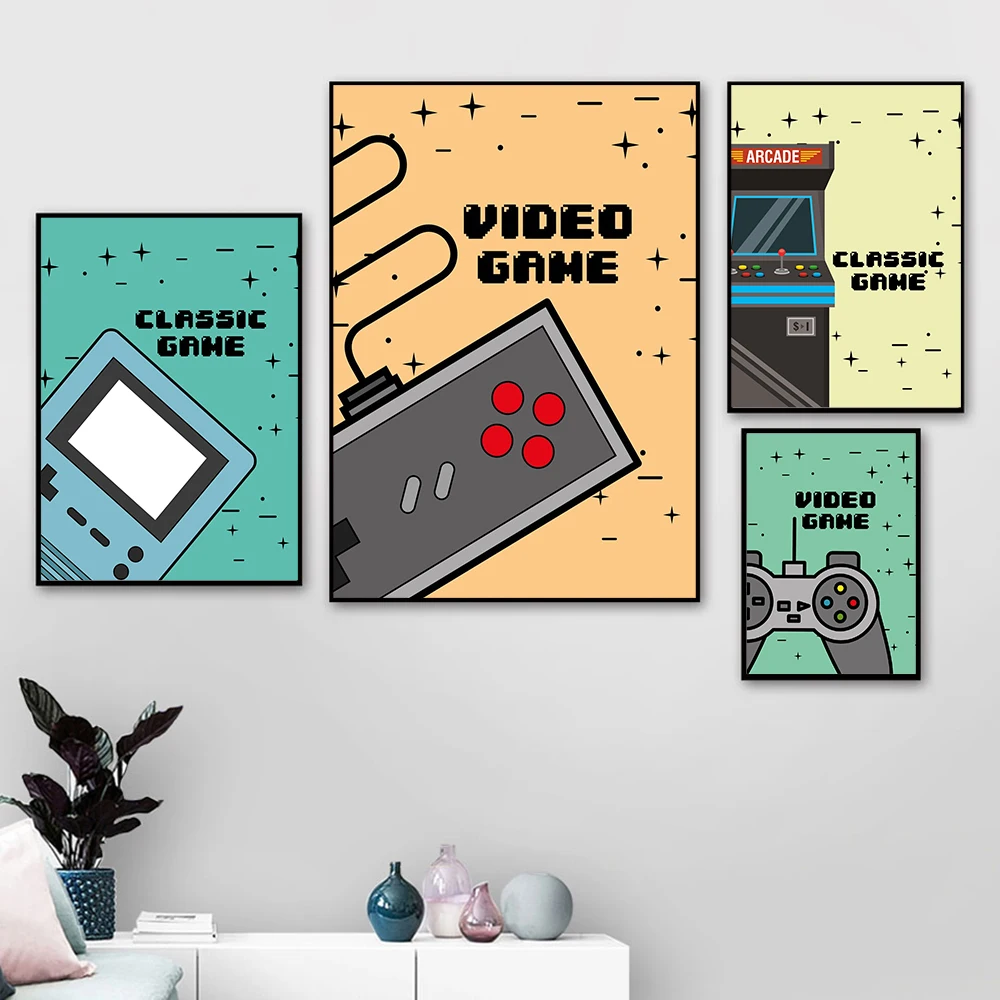 Colorful Classic Video Game Canvas Painting Game Controllers Poster Prints Vintage Gaming Wall Art Pictures for Kids Room Decor