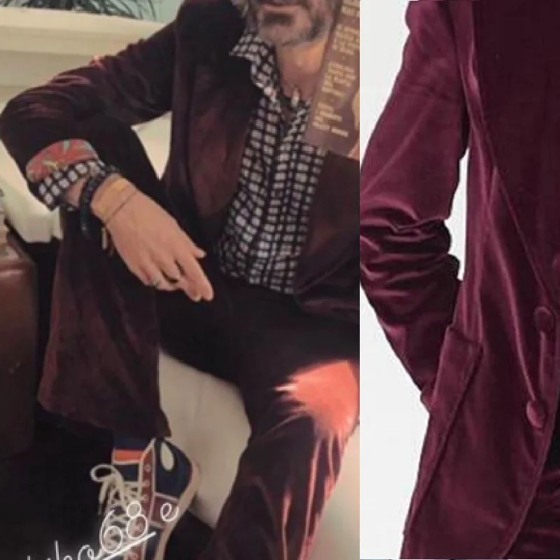 2PCS Wine Red Velvet Jacket & Flared Pants Mens Suits for Wedding Man Blazer Bell-bottom Pants Groom Tuxedos Trajes De Niño