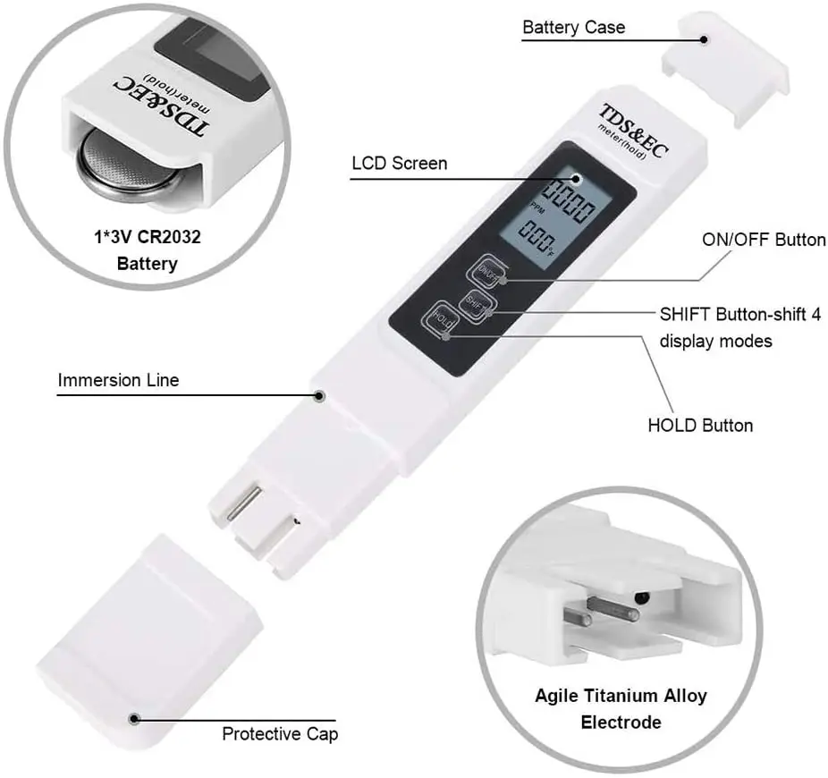 Digital Water Quality Tester TDS EC Meter Range 0-9990 Multifunctional Water Purity Temperature Meter TEMP PPM Tester