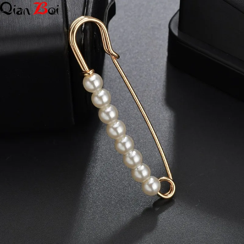 QianBei Fixed Straps Anti Slip Pin Jewelry Simple Enamel Big Pearl Brooch Women Charm Accessories Cardigan Anti Wearing Pins