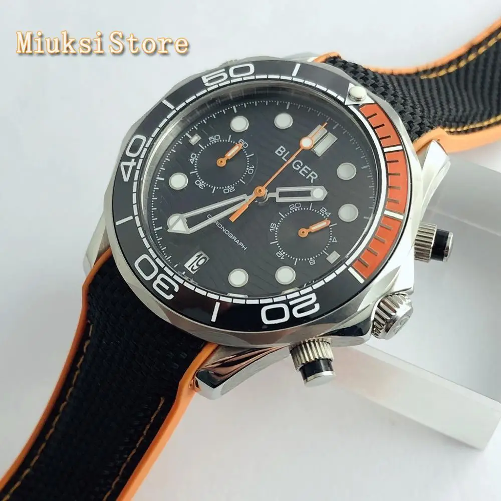 

Bliger 41mm mens top sports quartz watch sapphire glass ceramic bezel black dial luminous date rubber strap chronograph