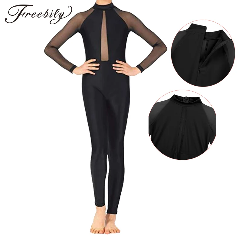 Kids Girls Mesh Long Sleeve Mock Neck Zippered Professional Ballet Dance Gymnastics Leotard Jumpsuit Unitard Ballet Costume