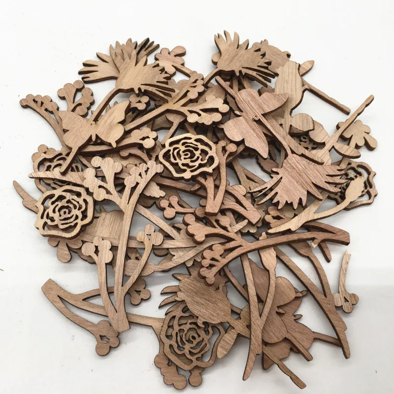 30pcs Wooden Laser Cutout Crafts Wood Flowers and Leaves Blanks Embellishments for DIY Crafts Christmas Wedding Decoration