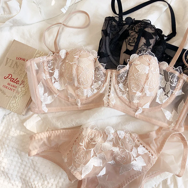Lace sexy ultra-thin lingerie half-cup soft steel ring underwear set gathered big breasts show small bra with panties large size