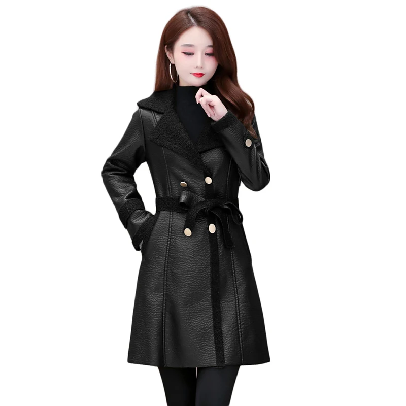 Elegante Leder Jacke Frauen Blazer Korean Fashion Herbst winter Kleidung Pelz futter Parkas Damen Lamm Pelz Kragen 2023